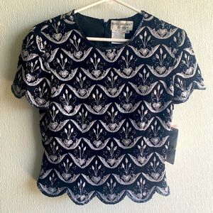 VTG 100% Silk Papell Boutique Evening Beaded Top 90’s Black Silver Zip Small